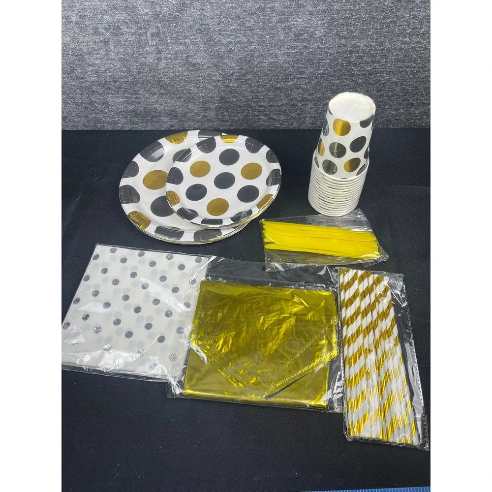 Black Gold Polka Dot Stripe Party‎ Supplies Set Plates Cups Napkins Tablecloth